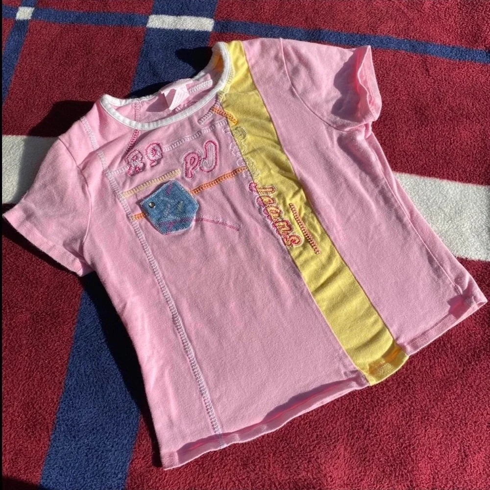 Y2K Vtg Paco Girls 89 PJ Embroidered Patch pink shirt sleeve baby tee shirt